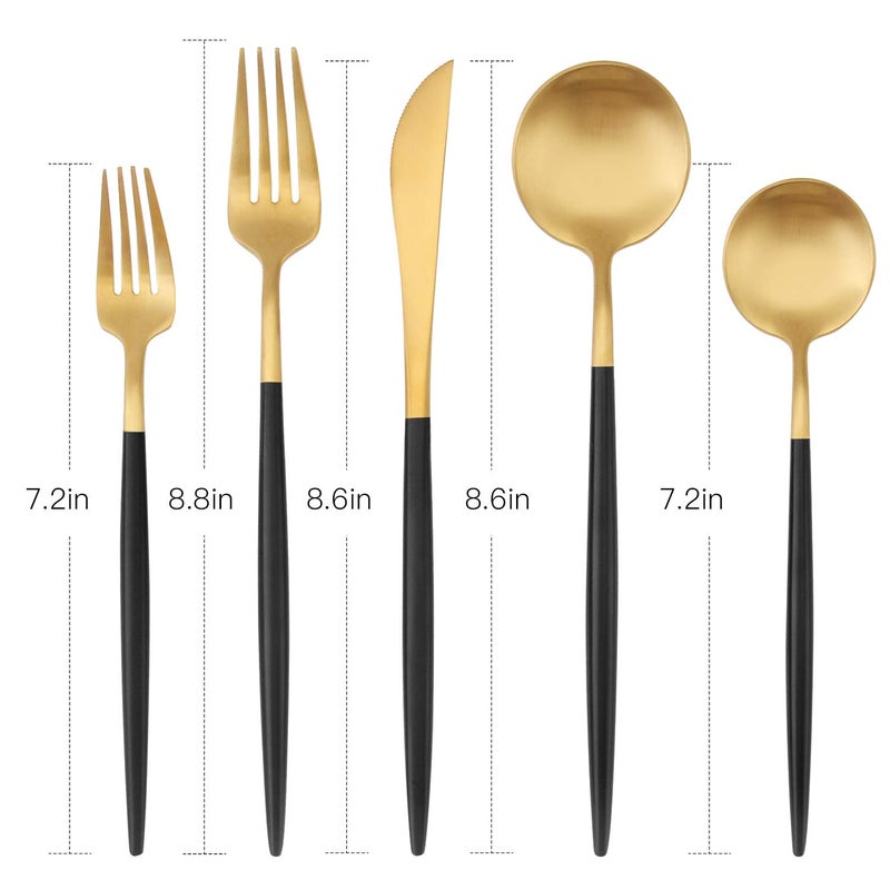 Bysta Matte Gold Silverware Set with black handle, Bysta 20-Piece Stainless Steel Flatware Set, Kitchen Utensil Set Service for 4, Tableware Cutlery Set for Home and Restaurant, Dishwasher Safe - Image 2